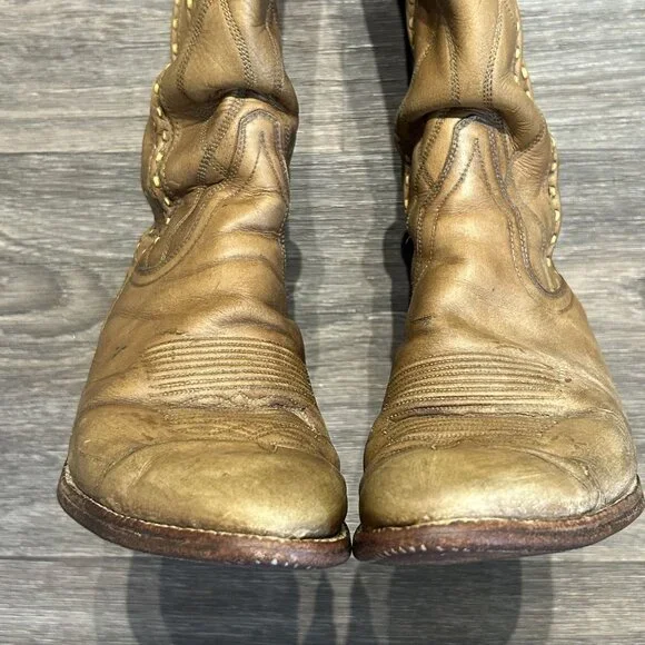 Vintage Dan Post Size 6 C Cowboy Knee Boots Made in Spain Tan Braided 4115 - Picture 3 of 16